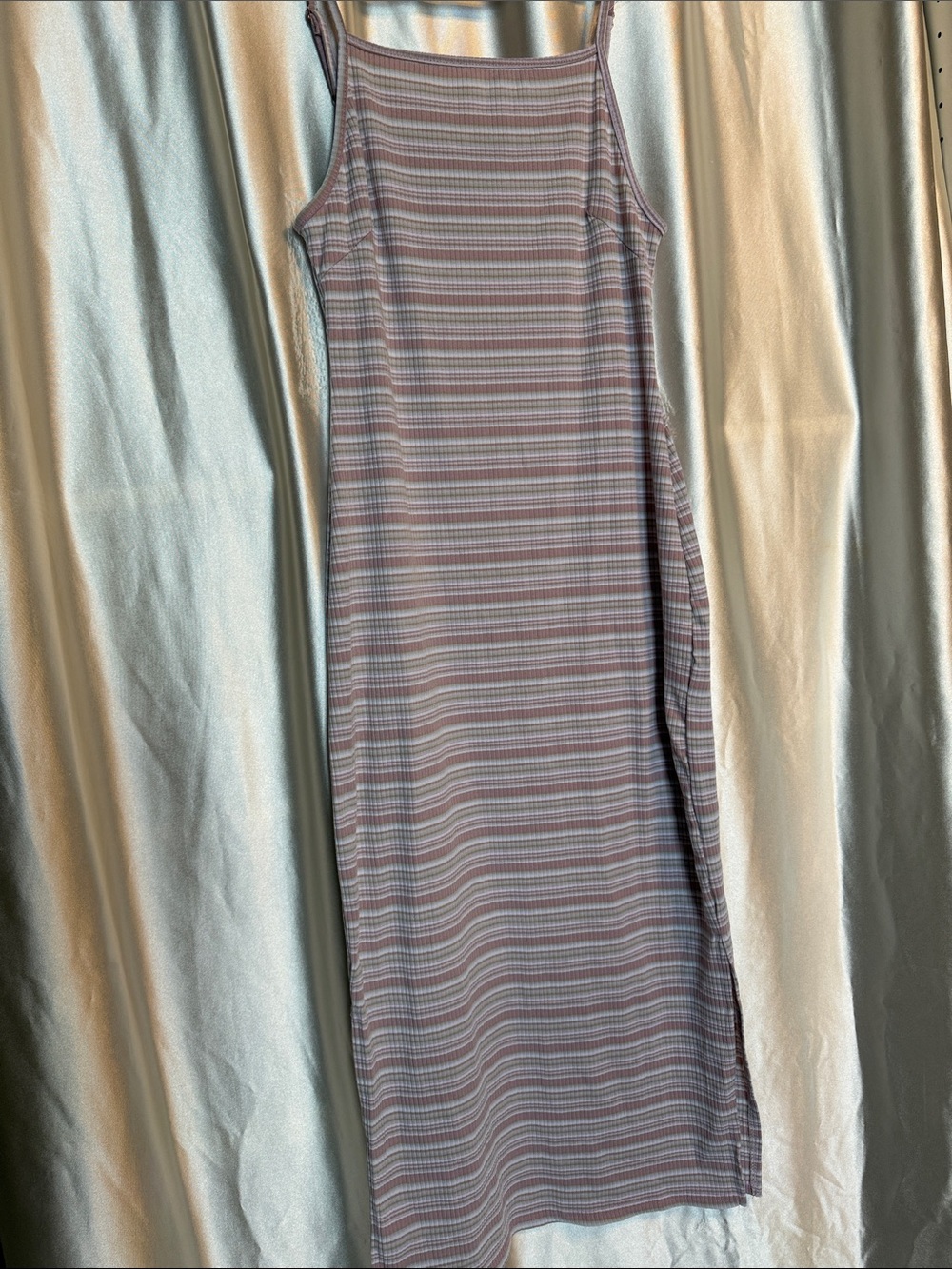 Say What? Striped Spaghetti-Strap Midi Dress in Lavender & Gray